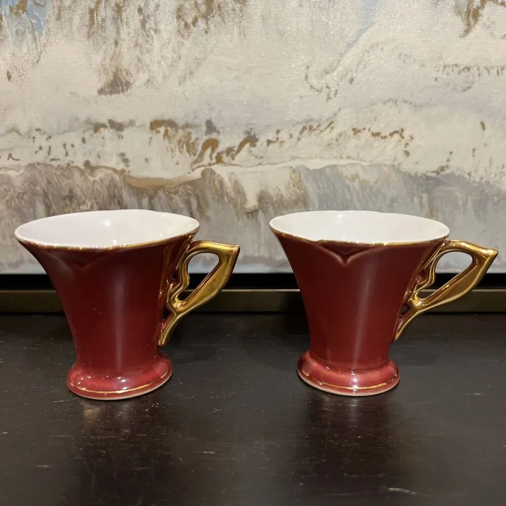 Rare Yedi Design Coffee (2) Two Cups Triangle Saucer Bordeaux Gold Trim